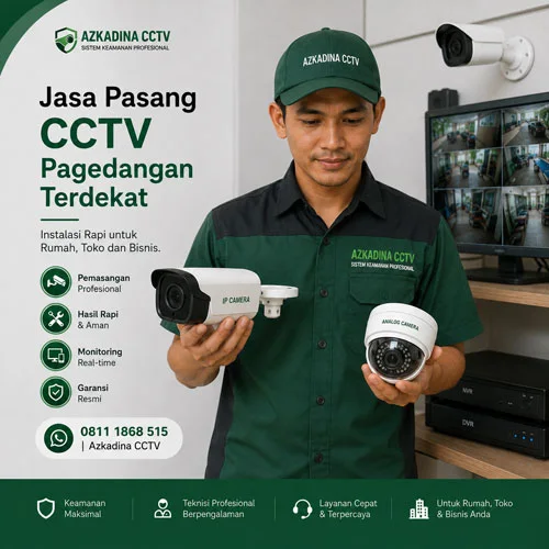 Jasa Pasang CCTV Pagedangan Terdekat oleh Azkadina CCTV, menampilkan teknisi Indonesia berseragam memegang kamera IP dan kamera analog dengan perangkat NVR/DVR di latar, untuk instalasi CCTV rumah, toko, dan bisnis.