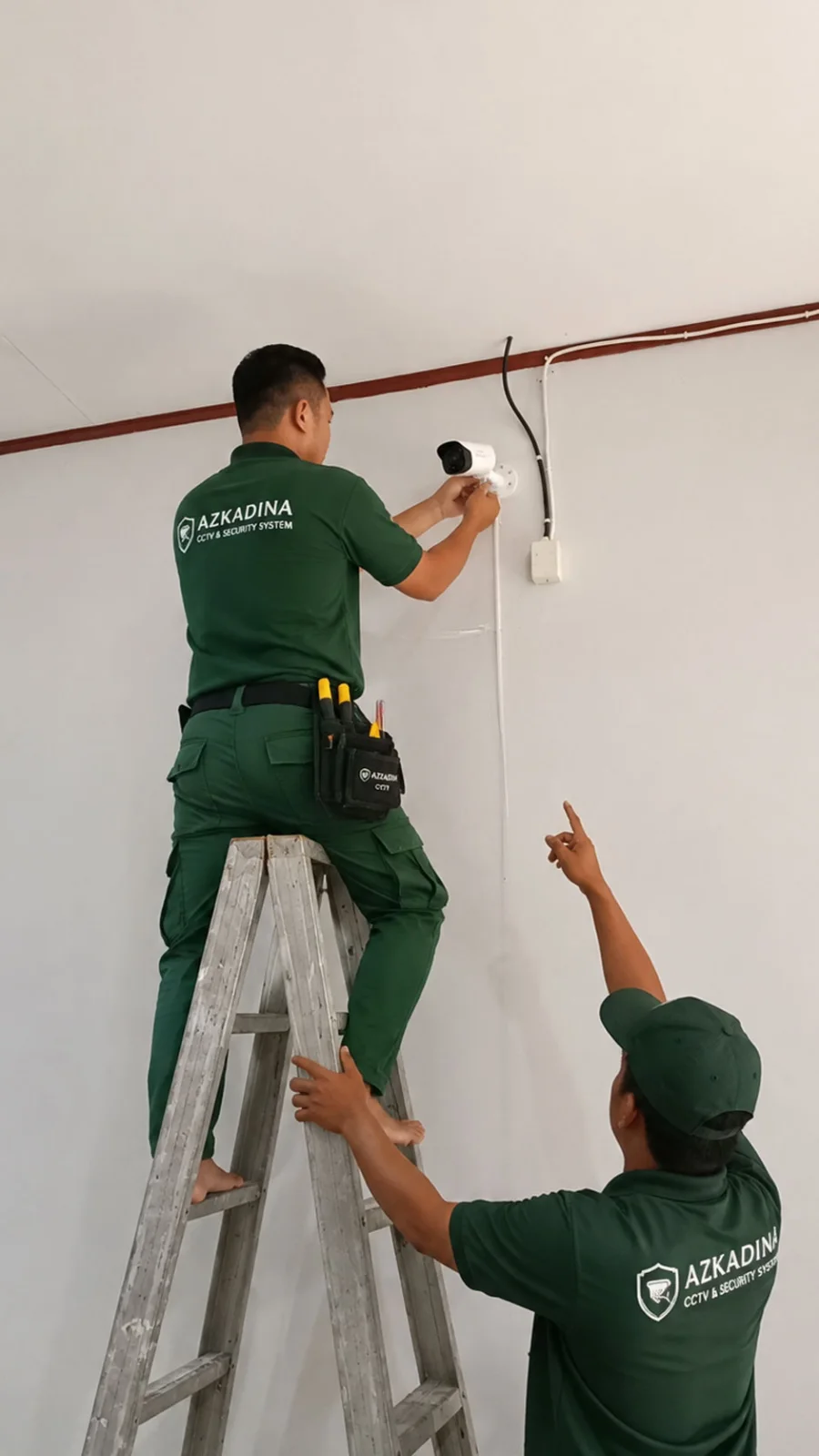 Teknisi memasang perangkat CCTV pada titik yang sesuai