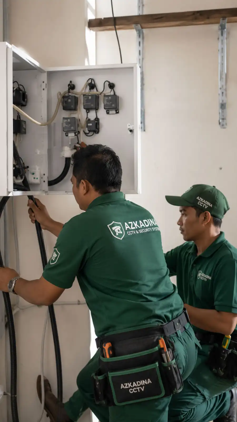Teknisi menghubungkan perangkat CCTV ke jaringan internet dan router