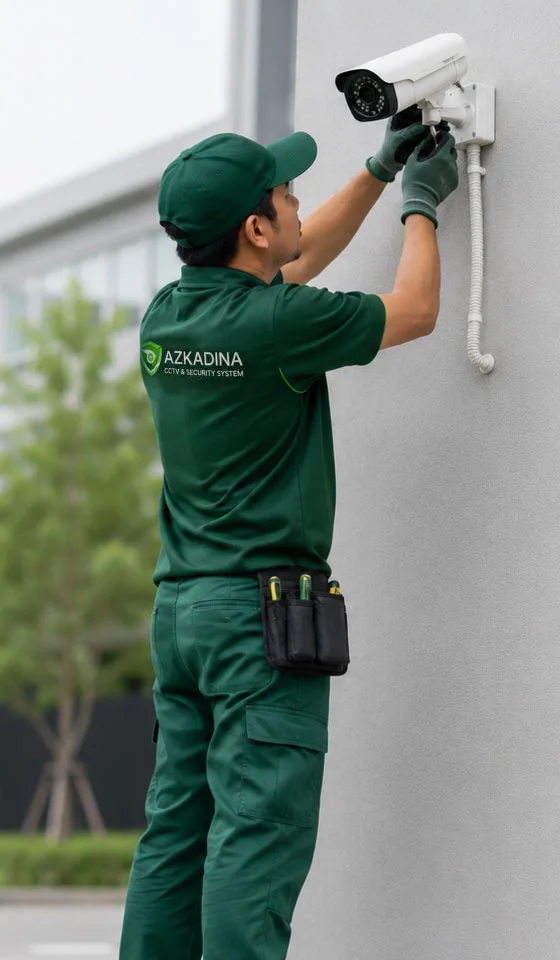 Teknisi Azkadina CCTV  memeriksa perangkat dan koneksi sistem CCTV