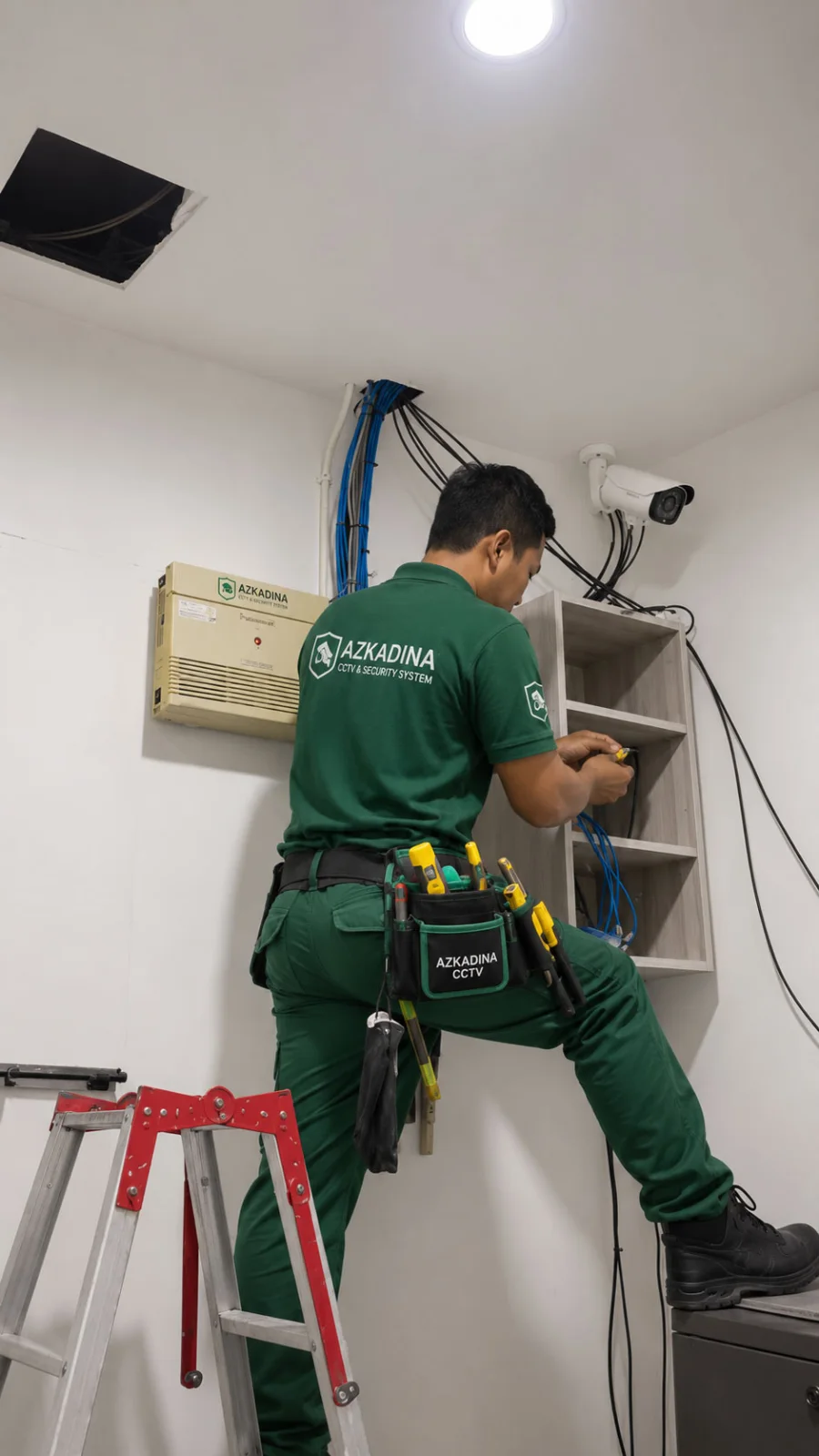 Teknisi merapikan jalur kabel CCTV agar aman dan tertata